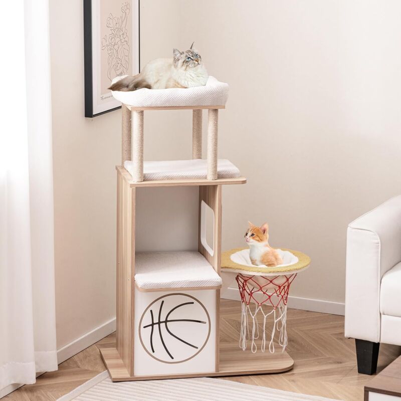 Arbre à Chat 120cm à 5 Niveaux, Design Thème du Sport, 2 Condos pour Chat, Perchoirs, Hamac en Forme de Panier de Basket, Poteaux à Gratter en Jute,
