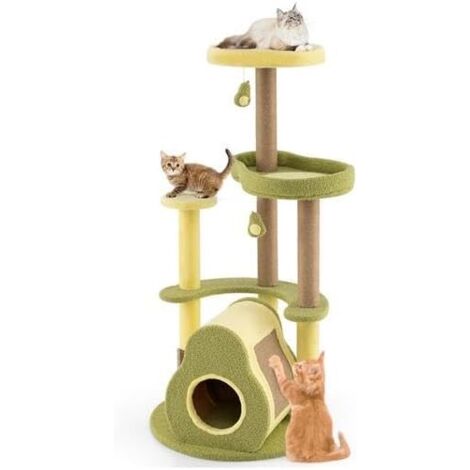 GOPLUS Arbre à Chat 125CM en Forme d'Avocat, Arbre à Chat Maine Coone avec Couchage, Plusieurs Plateformes, Perchoir et Griffoirs en Jute, 2 Boules Suspendues et 1 Brosse, 59x59x125cm