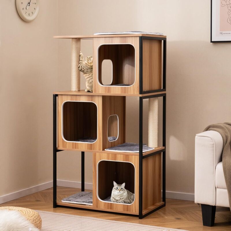Arbre à Chat 133CM avec Cadre en Métal, 3 Niches, Griffoirs et Planche en Sisal, Coussins Lavables, Meuble Arbre Chat Design Multi-Niveaux pour