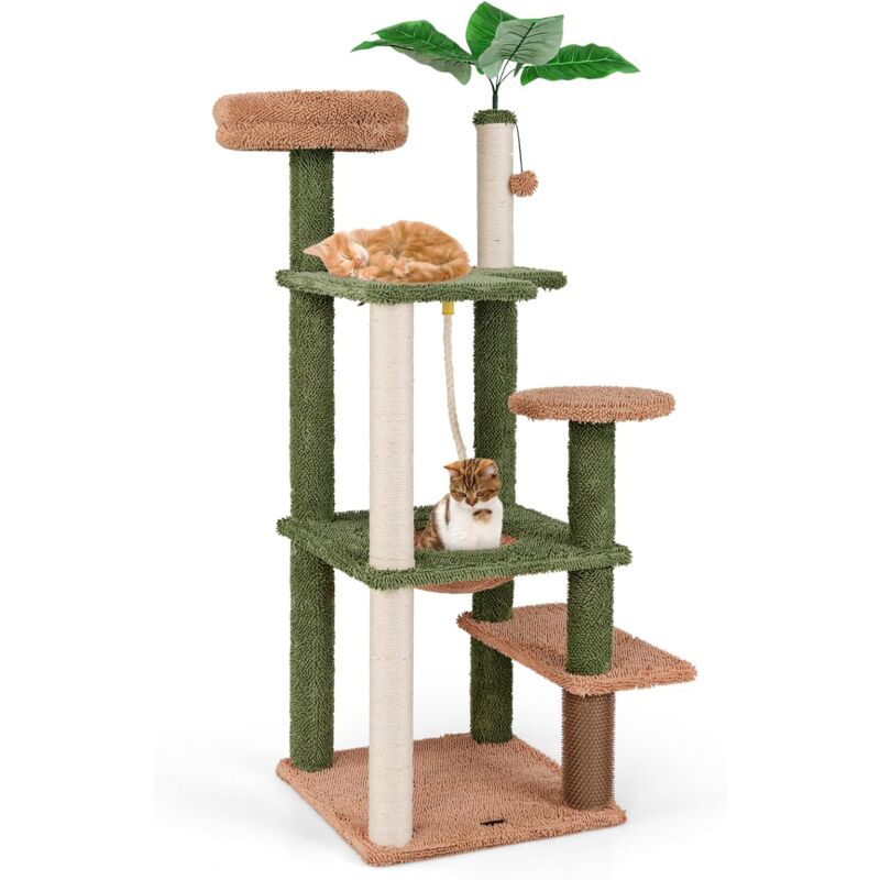 GOPLUS Arbre à Chat 152cm avec Feuilles Vertes Artificielle, Arbre a Chat à Plusieurs Niveaux avec Perchoir, Hamac, Griffoirs en Sisal,