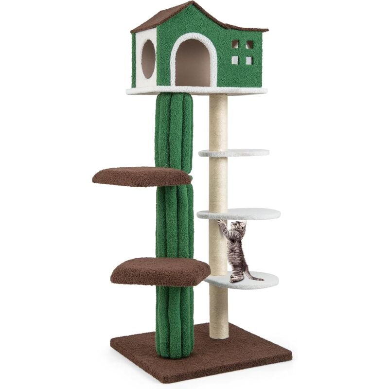 Arbre à Chat 153CM à 7 Niveaux en Tissu Pelucheux en Mohair, Poteaux à Griffes en Sisal, Condo en Haut, Vert et Marron - Goplus