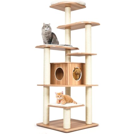 Goplus – Arbre à chat 175 cm en bois – 6 niveaux avec plateformes et coussins amovibles – Poteaux en sisal – Conception anti-bascule