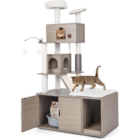 Goplus – Arbre à chat 2 en 1 avec meuble litière – 173 cm – Griffoir en sisal – Compartiment caché – Boules suspendues – Gris