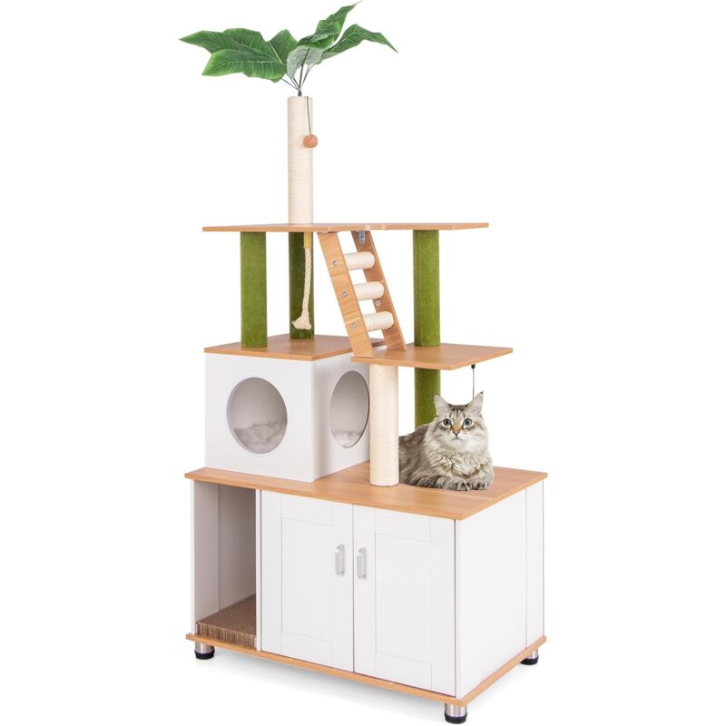 Arbre à Chat 2 en 1 avec Meuble Litière pour Chat, Condo, Griffoirs en Sisal, Corde et Balles Suspendues, Toilettes Cachées, Arbre à Chat avec