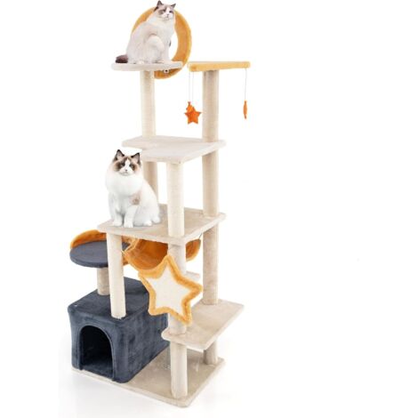 GOPLUS Arbre a Chat 5 Niveaux 160 CM, Poteaux à Gratter Griffoirs en Forme d'Etoile et de Lune, Arbre a Chat XXL en Peluche avec Perchoir Supérieur, Balle Suspendue, Condo pour Petits et Grands Chats