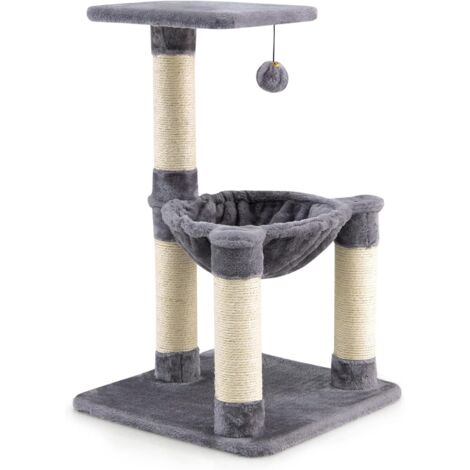 GOPLUS Arbre à Chat 64 CM en Bois Recouvert Peluche, Poteaux en Sisal, Nid Confortable, Boule Suspendue, Gris