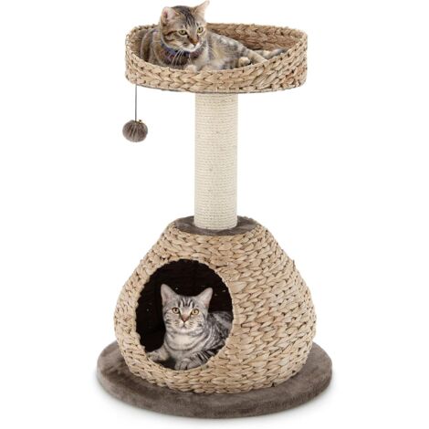 Goplus – Arbre à chat 72 cm – Tige de massette, 2 niveaux – Niche, plateforme, poteaux en sisal, coussin souple, boule – Marron et beige