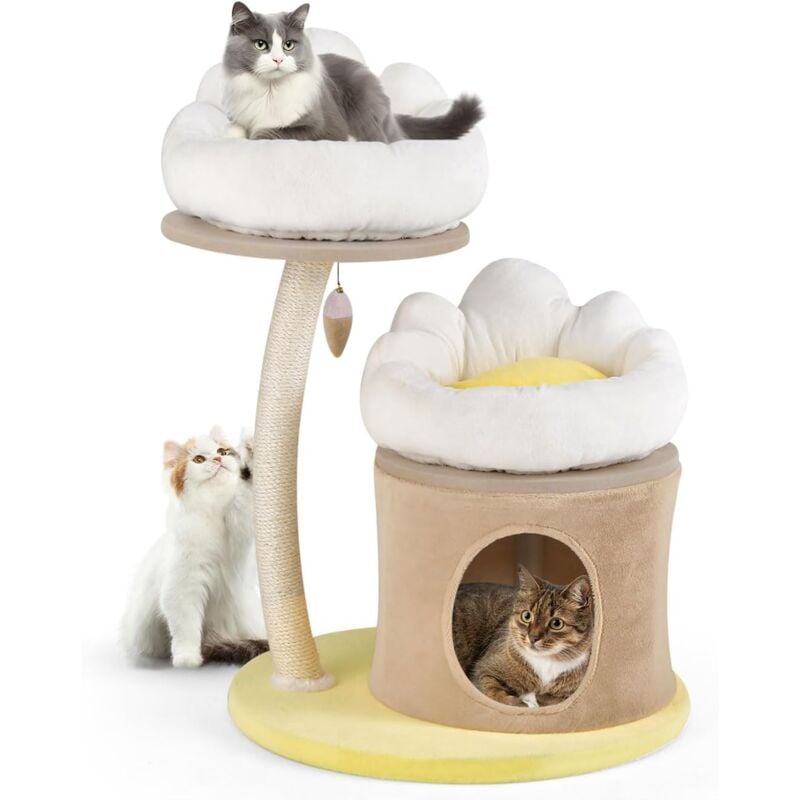 Arbre à Chat 83cm Deign Fleur, avec 2 Perchoirs, Condo Confortable, Griffoir en Sisal, Boule Suspendue Interactive - Goplus