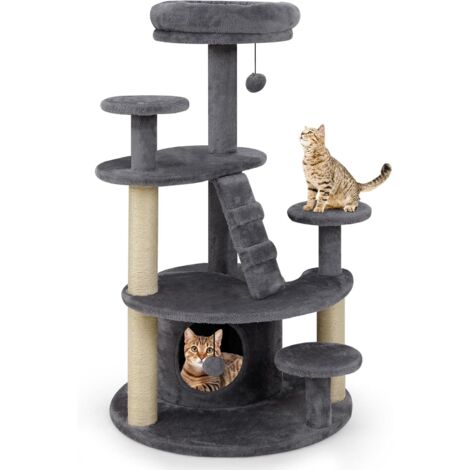 GOPLUS Arbre a Chat à Plusieurs Niveaux, Arbre à Chat avec Surface en Peluche, Niche Confortable, Poteau en Jute, Escalier, Balle Suspendue, Plateforme, Lit Supérieur, Idéal pour d’Intérieur (Gris)
