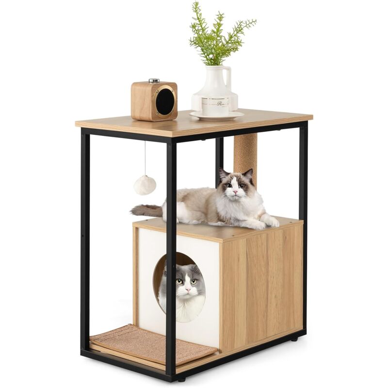 GOPLUS Arbre à Chat, avec Cabane pour Chat, Tapis en Peluche Amovible, Poteau à Griffer, Tapis à Griffer, Balle Interactive, Beige