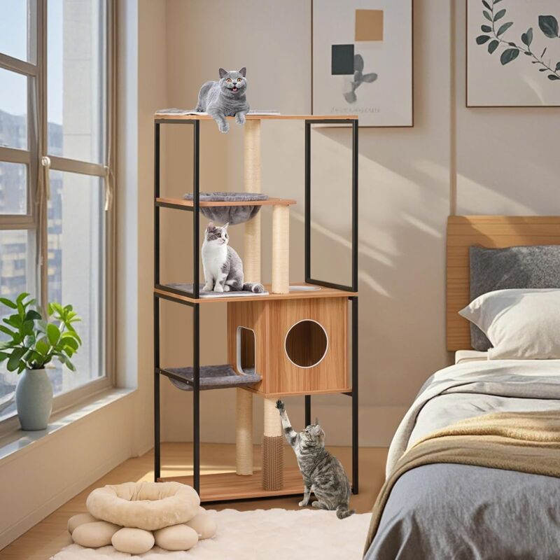 Goplus - Arbre a Chat avec Cadre en Métal, Arbre Chat Design à 5 Niveaux avec Perchoir Rembourré, Plateformes Spacieuses, Hamac, Griffoirs,