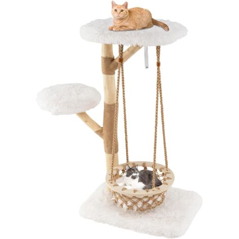 GOPLUS Arbre a Chat avec Hamac Balançoire, Hauteur 123CM, Arbre à Chat 4 Niveaux en Poirier, Tour pour Chats avec Tissu en Peluche, Coussin Amovible Lavable, Poteaux à Griffer en Jute