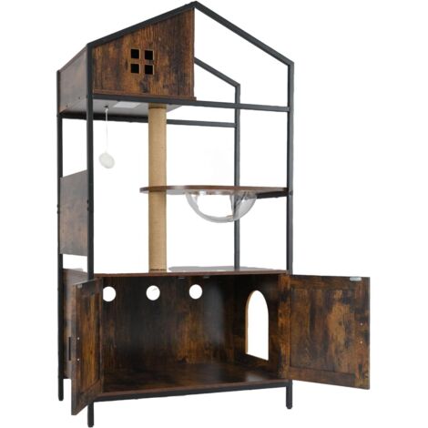 Goplus – Arbre à chat avec meuble litière – Poteaux en sisal – Bois et métal – Dimensions 80 x 48 x 150 cm – Niche et capsule spatiale intégrées