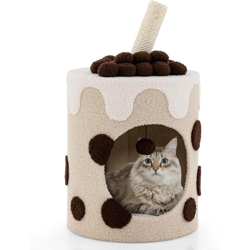 Arbre à Chat Boba Tea Cup 67cm,Griffoir, Balle Suspendue, Maison de Luxe pour Chat avec Coussin Doux, Café et Beige - Goplus