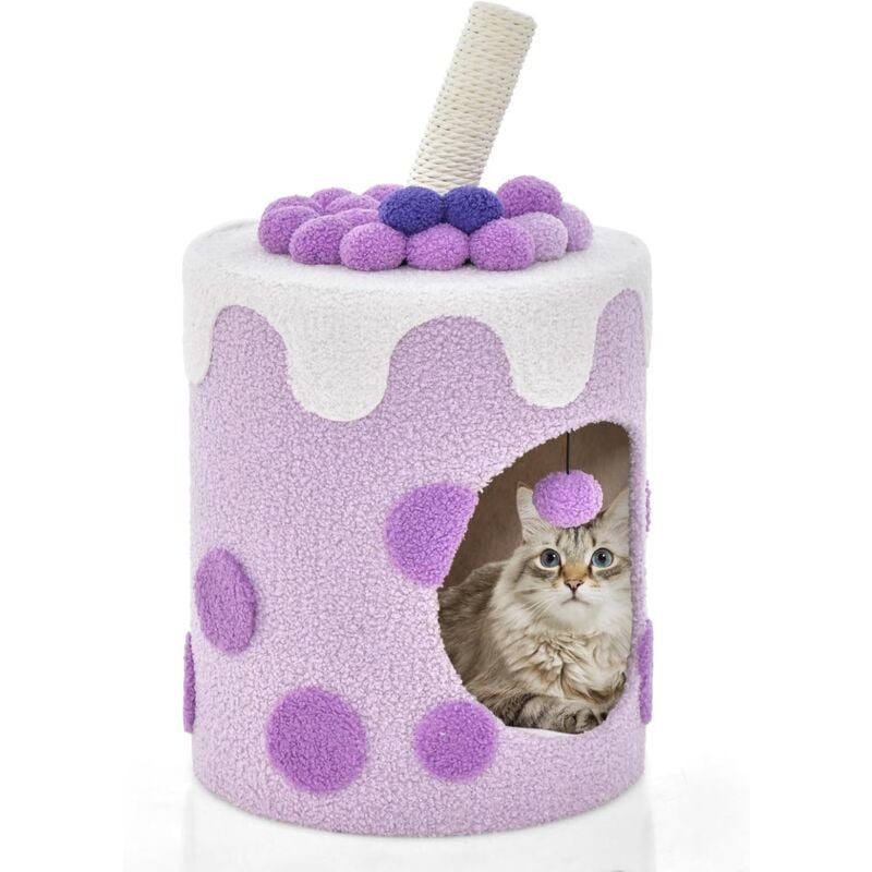 Arbre à Chat Boba Tea Cup 67cm,Griffoir, Balle Suspendue, Maison de Luxe pour Chat avec Coussin Doux, Violet et Blanc - Goplus