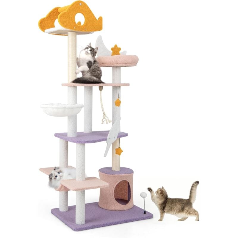 Arbre à Chat de 167 cm, Grande Arbre Moderne pour Chat avec Griffoirs en Sisal, Plateformes, Jouets Inclus, Hamac Incurvé, Mobilier Elégant pour