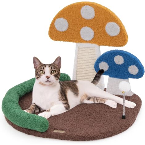 GOPLUS Arbre à Chat de Champignon avec Poteau en Sisal, Planche à Griffer & Balle à Ressort, Petit Arbre à Chat avec Condo & Plateforme Confortable pour Chaton (43cm)