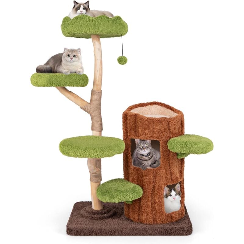 Arbre à Chat Design, Plusieurs Niveaux en Forme d'arbre, Arbre Chat en Bois avec Perchoir Supérieur, Griffoirs et Condo, Arbre a Chat Maine Coon pour