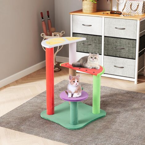GOPLUS Arbre à Chat Design Style Melon d'eau 69CM, Arbre a Chat avec Plateformes Rembourrées en Forme de Fruits, Balle Suspendue en Fraise, Poteau à Gratter, pour Chatons d'Intérieur