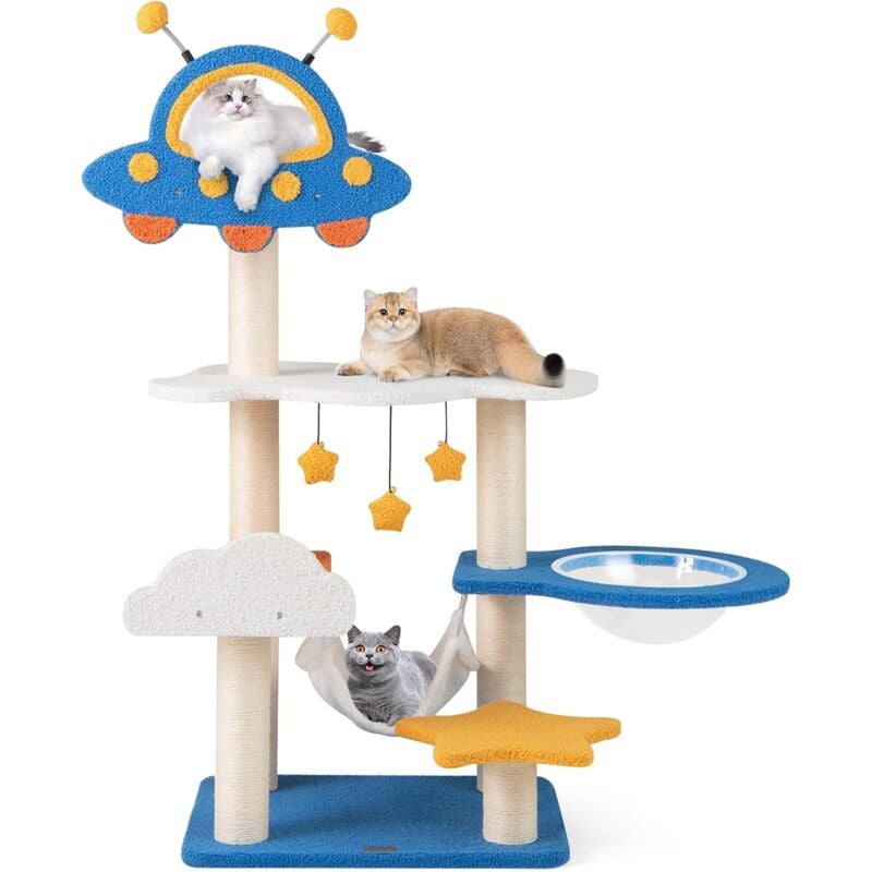 Goplus - Arbre à Chat Design Univers Cosmique, Plateforme en Forme de Soucoupe Volante et Nid en Forme de Fusée, Griffoir avec 2 Balles à Ressort,
