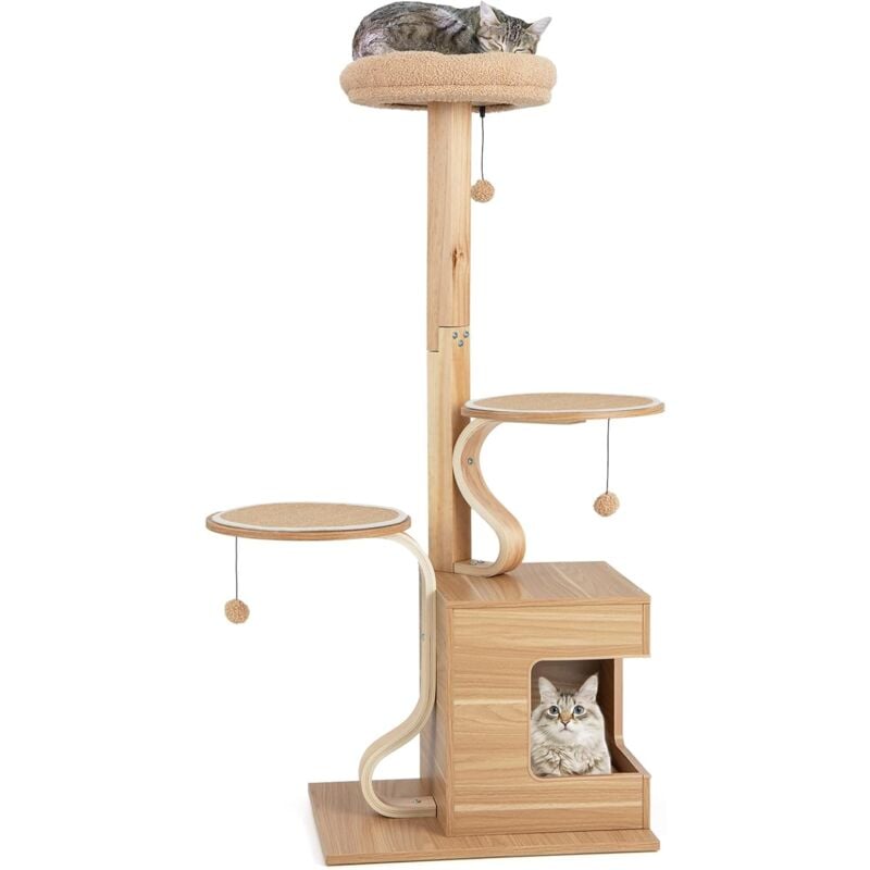 GOPLUS Arbre à Chat en Bois 129 cm, avec Poteaux en S, Condo, Perchoir en Peluche, Plates-Formes de Saut, Balles Suspendues