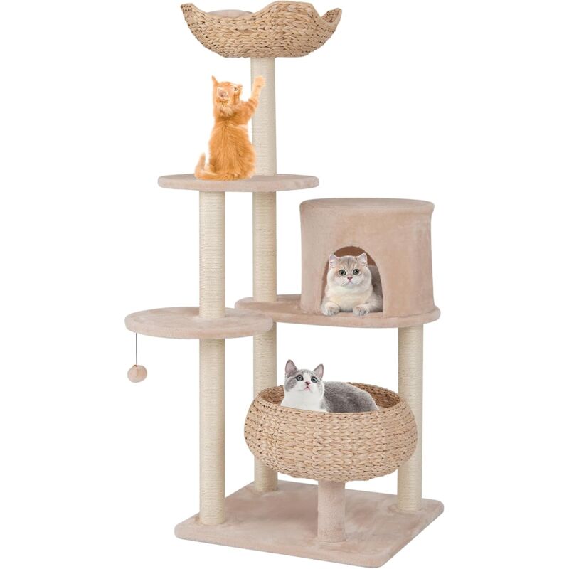 Arbre à Chat en en Tige de Massette à Plusieurs Niveaux, Niche en Quenouilles, Perchoir en Peluche, Hamac Doux, Plateformes et Griffoirs en Sisal,