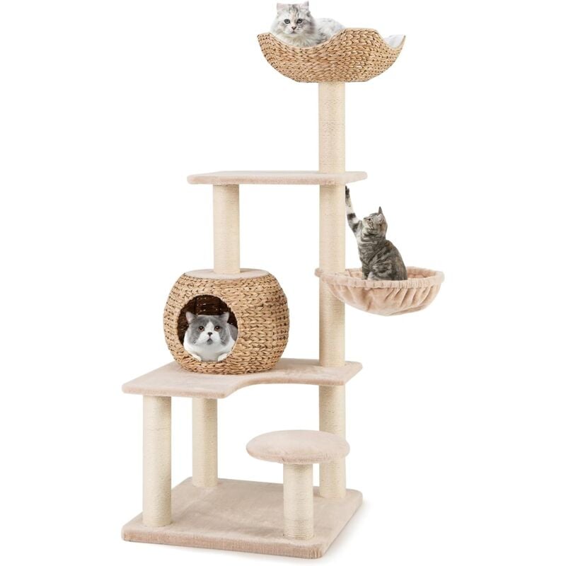 Arbre à Chat en en Tige de Massette à Plusieurs Niveaux, Niche en Quenouilles, Perchoir en Peluche, Hamac Doux, Plateformes et Griffoirs en Sisal,