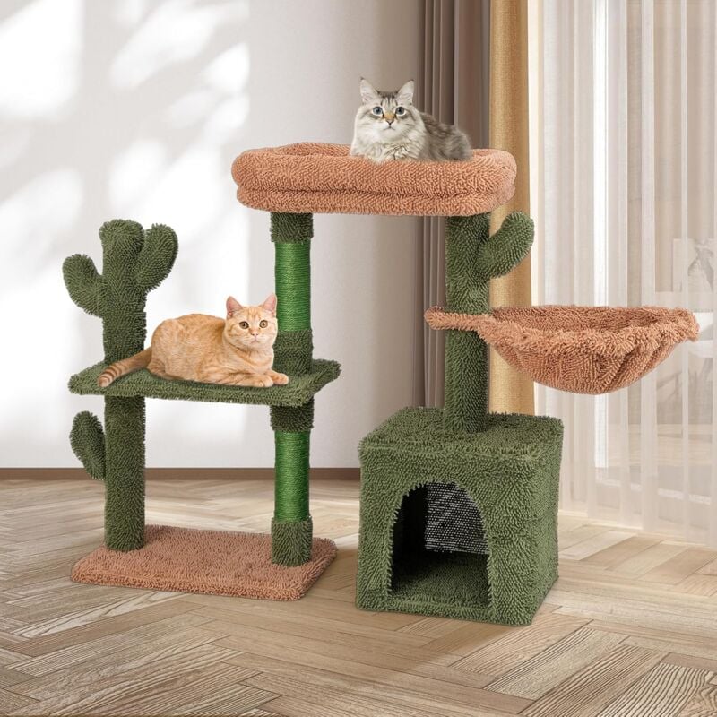 Arbre à Chat en Forme de Cactus 81cm, Perchoir en Peluche, Hamac Confortable, Condo, Poteaux à Gratter Recouverts de Sisal, Coussins Lavables, Centre