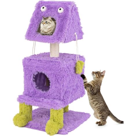 GOPLUS Arbre à Chat en Forme de Monstre Violet, Arbre a Chat Maine Coon à 3 Niveaux, 2 Condos pour Chat, Poteaux à Gratter en Sisal, Jouets Suspendus, Meuble en Peluche pour Chat et Chatons