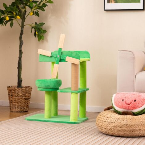 GOPLUS Arbre à Chat en Forme de Moulin à Vent, Arbre Chat Design avec Griffoirs, Plateforme Ronde Rembourrée, Large Perchoir Supérieur, Arbre de Grimpe pour Chat d'Intérieur