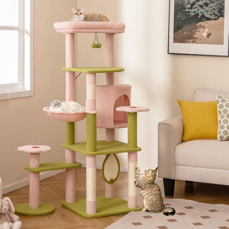 Arbre à Chat en Peluche de 148CM, Arbre a Chat Design Fleurs avec Poteaux à Griffer en Sisal, Panier Rond, Perchoir Douillet Amovible, Condo pour