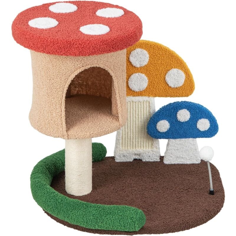 Arbre à Chat, Forme Champignon, avec Poteau en Sisal Enveloppant, Planche à Griffer, Balle à Ressort, Condo, Plateform, 59cm - Goplus
