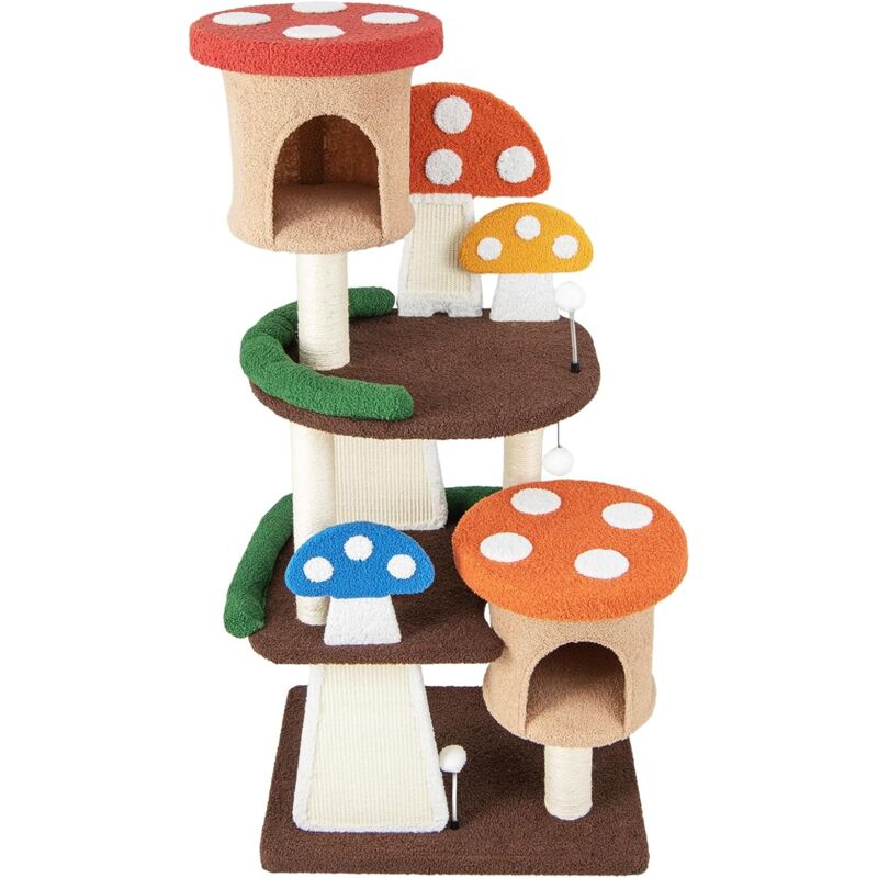 Arbre à Chat, Forme Champignon, avec Poteau en Sisal Enveloppant, Planche à Griffer, Balle à Ressort, Condo, Plateform,146cm - Goplus