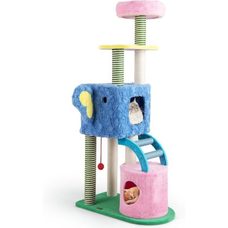 GOPLUS Arbre a Chat Forme Éléphant, Hauteur 154 CM, Arbre a Chat XXL à 5 Niveaux avec Lit Rembourré, Poteaux en Sisal, 2 Condos, Échelle, Balle Suspendue, Idéal pour Chatons d'Intérieur, Coloré