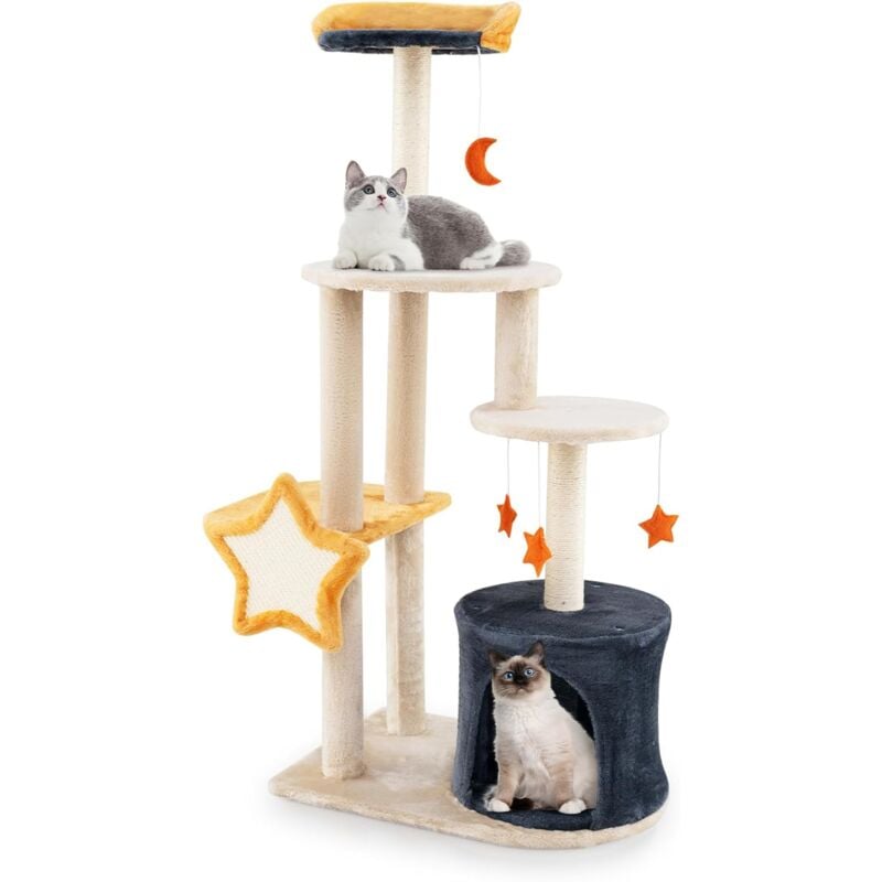 Arbre à Chat Maine Coon 128cm, avec Griffoirs en Forme d'Etoile et de Lune, Arbre à Chat en Peluche avec Perchoir Supérieur, Condo pour Petits et