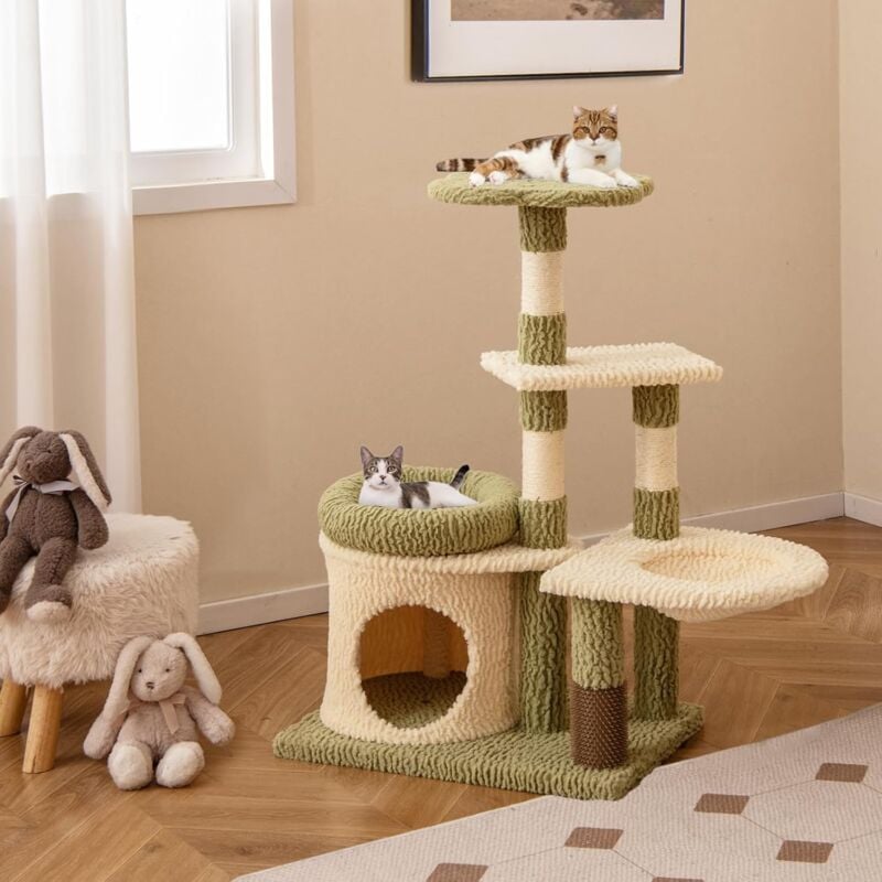 Arbre à Chat Maine Coon Multi-Niveaux, Plateformes, Niche Privée, Panier Latéral, Brosse de Toilettage, Griffoirs en Sisal, Coussin Rembourré, Arbre