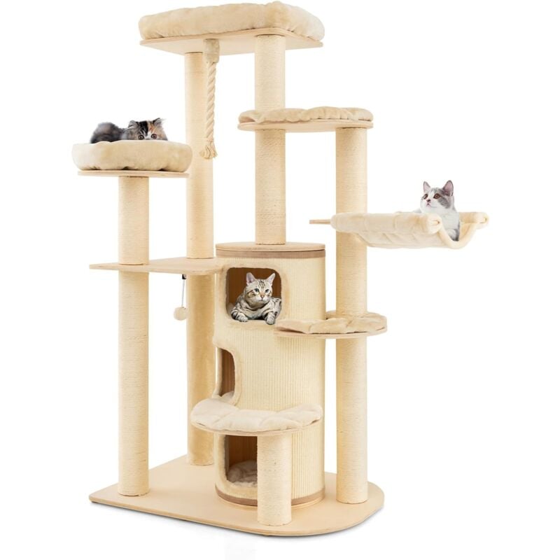 Arbre à Chat Multi-Niveaux 173 cm, Condo à 3 Étages, Hamac, Griffoirs en Sisal, Boule et Corde Suspendue (Beige) - Goplus