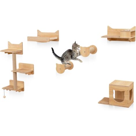 GOPLUS Arbre a Chat Mural avec Hamac Confortable, 2 Griffoirs, 5 Plateformes, 1 Niche, Tapis et Un Pompon Suspendu, Arbre à Chat Montage Personnalisée Mural pour Salon, Chambre (Forme Chaton)