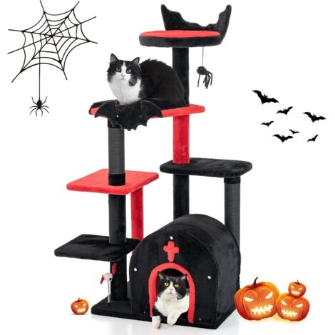 GOPLUS Arbre a Chat Style Gothique, Hauteur 133 CM, Arbre a Chat XXL à 6 Niveaux avec Poteaux à Gratter Sisal, Perchoir, Hamac, Niche Forme Coffin avec Coussin Amovible, Jouet Suspendu, Rouge et Noir