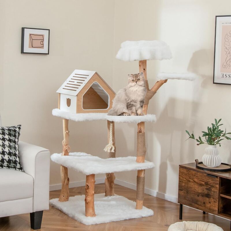 Arbre à Chat xxl 150cm, Design Naturel, Poteaux à Gratter en Jute et Corde en Sisal, Condo Privé, Poteau en Bois de Poirier Massif, Peluche