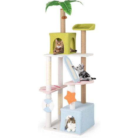 GOPLUS Arbre à Chat XXL 180 CM, Thème Station Balnéaire, 2 Condos, Rampe et Griffoirs, Perchoir Douillet, Décor de Plantes Artificielles, Arbre a Chat Design Thématique Plage pour Chats
