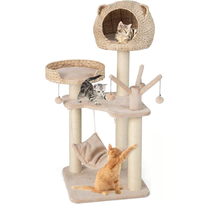 Goplus - Arbre à Chat 121 cm à 4 Niveaux avec Niche et Poteaux en Sisal,avec Coussin Souple, Boules et Hamac Suspendue, Naturel