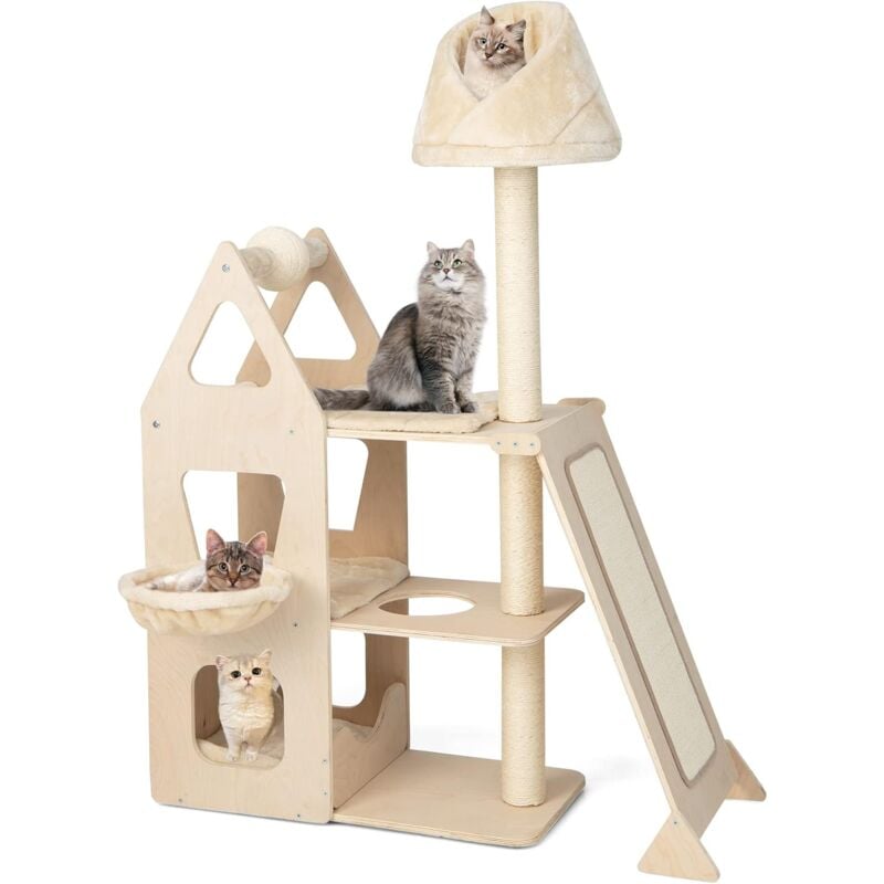 GOPLUS Arbre à Chat 156 CM en Bois Massif 3 Niveaux avec Poteaux en Sisal, Perchoir&Panier-Lit, Base Renforcée Antidérapante, Beige