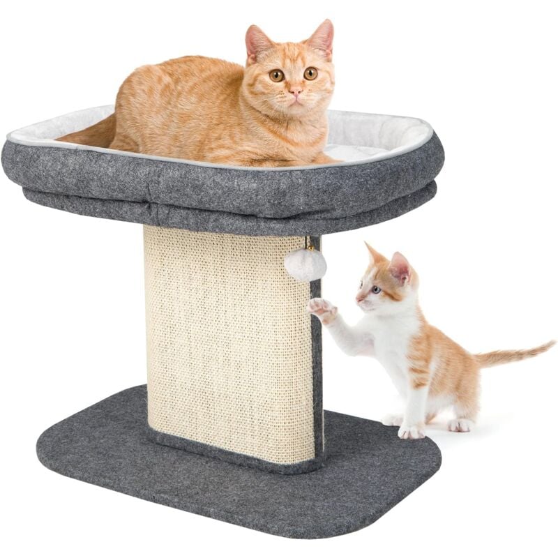Arbre à Chat 50 cm en Bois Recouvert Peluche, Poteaux en Sisal, Nid Confortable, Boule Suspendue, Gris - Goplus