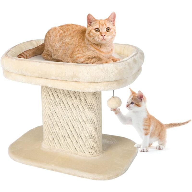 Arbre à Chat 50 cm en Bois Recouvert Peluche, Poteaux en Sisal, Nid Confortable, Boule Suspendue, Beige - Goplus