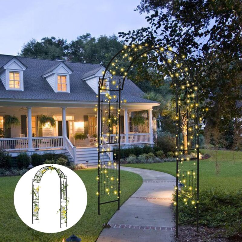 GOPLUS Arche de Jardin 234 CM avec Treillis, Arceau Porte de Jardin Rosiers Extérieur en Métal avec 4 Piquets de Fixation, pour Plantes Grimpantes,
