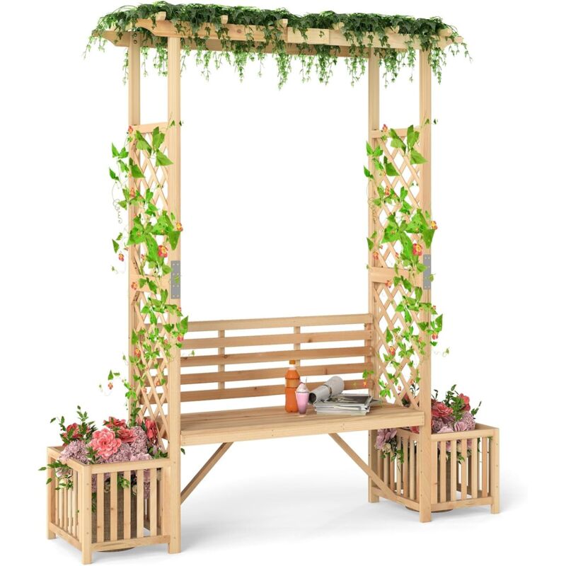 GOPLUS Arche de Jardin avec Banc & 2 Bacs Jardinières, Treillis en Bois pour Plantes Grimpantes & Vignes, Pergola Extérieure pour 2 Personnes,