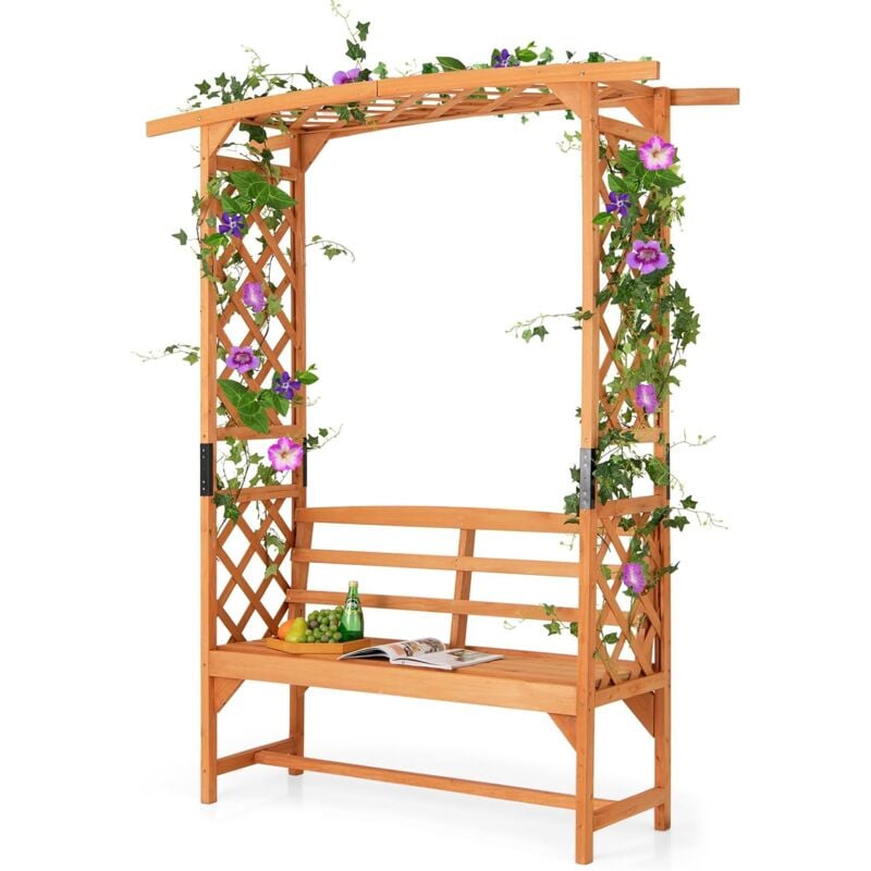 Goplus - Arche Jardin avec Banc de Jardin Exterieur, Banc et 2 Treillis pour Plantes Grimpantes, Vignes, Raisins,2 Places, pour Jardin, Fête, Mariage