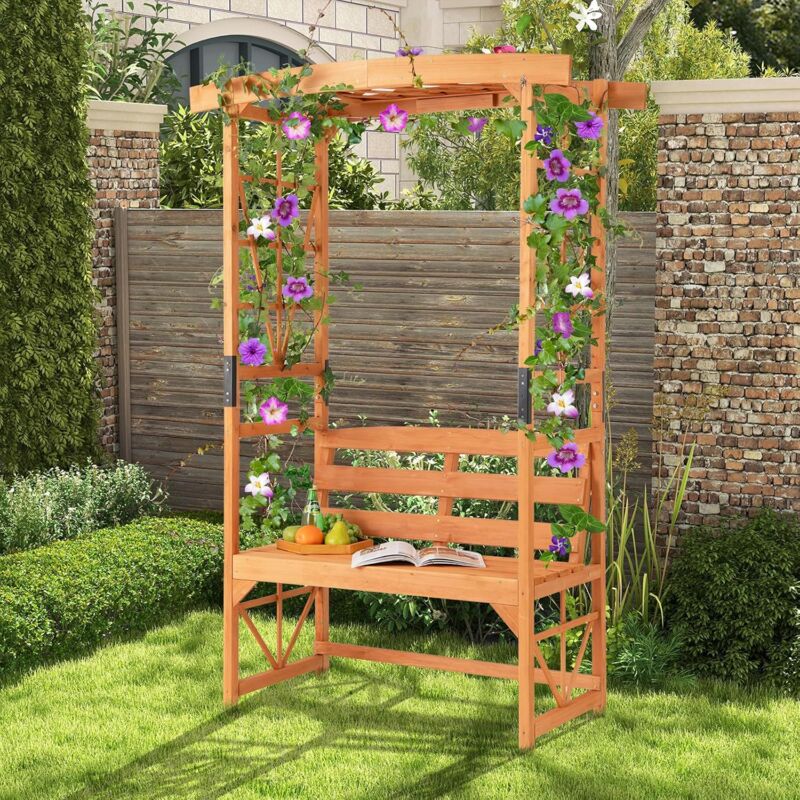 GOPLUS Arche Jardin avec Banc de Jardin Exterieur, Banc et 2 Treillis pour Plantes Grimpantes, Vignes, Raisins,2 Places, pour Jardin, Fête, Mariage