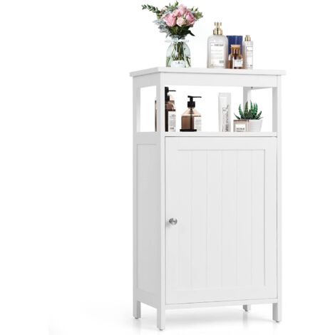 GOPLUS Armadietto Bagno a Terra, a 3 Ripiani, Piano Regolabile, con Spazio Aperto, Ante Elegante, per Angolo, Sogiorno, Camera da Letto, Bagno, 46x30,5x84 cm (Bianco)